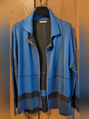 French Brand Blue Open-Front Cardigan with Black Paneling